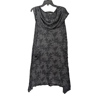 Chalet Cowl Neck Maxi Dress Womens XL Black Gray Floral Lagenlook Pockets USA